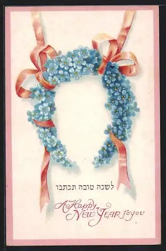 Präge-Lithographie Vergissmeinnicht-Hufeisen, Neujahrsgruss