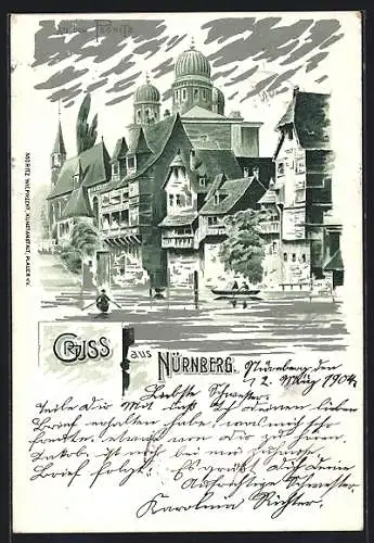 Lithographie Nürnberg, An der Pegnitz, Synagoge