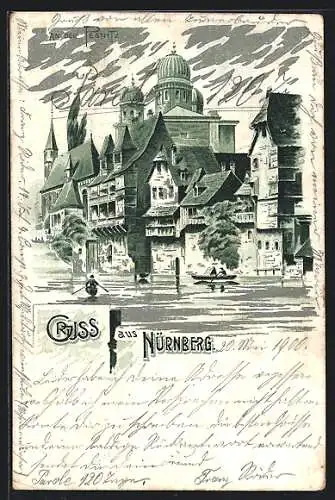 Lithographie Nürnberg, An der Pegnitz, Türme der Synagoge