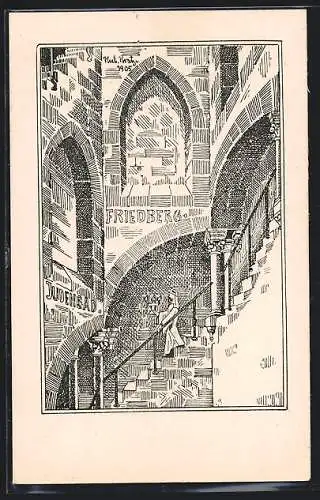 Künstler-AK Friedberg, Judenbad, Innenansicht