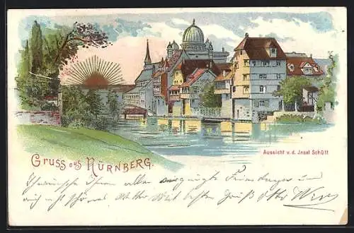 Lithographie Nürnberg, Synagoge auf der Insel Schütt bei Sonnenaufgang