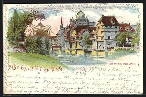 Lithographie Nürnberg, Synagoge auf der Insel Schütt bei Sonnenaufgang