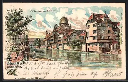 Lithographie Nürnberg, Partie an der Insel Schütt mit Synagoge