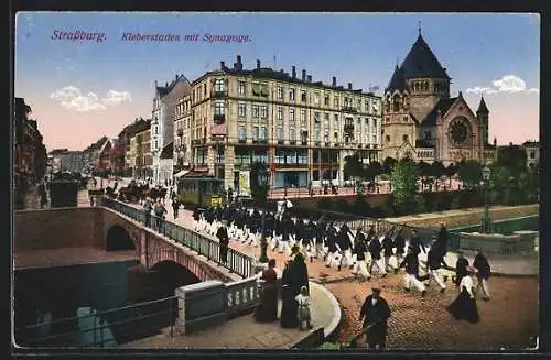 AK Strassburg, Kleberstaden mit Synagoge, Strassenbahn