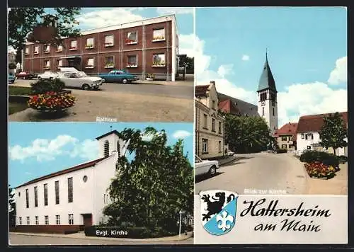 AK Hattersheim am Main, Blick zur Kirche, Rathaus