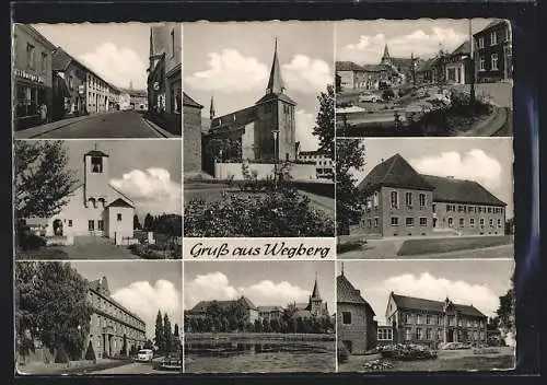 AK Wegberg, Ortsansichten mit Gasthaus und Kirchen, Strassenpartien