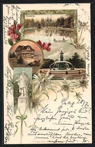 Lithographie Graz, Hilmteich, Stubenberghaus, Stadtpark-Brunnen