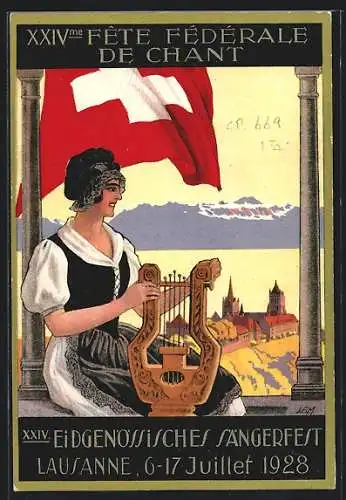Künstler-AK Lausanne, XXIV. Eidgenössisches Sängerfest 1928, Frau mit Harfe blickt zur Stadt
