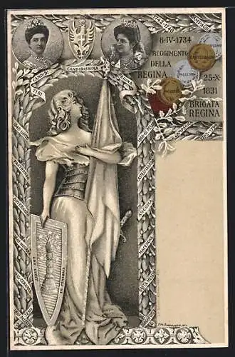 Lithographie Reggimento della Regina, Brigata Regina, Portraits der Königin von Italien