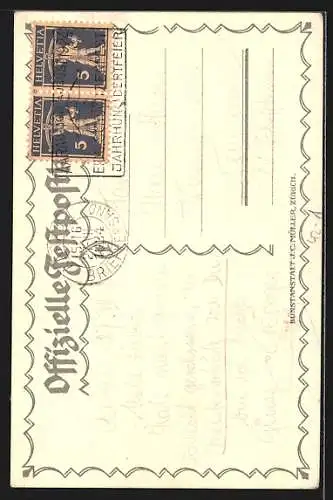 Künstler-AK Aargau, Eidgenössisches Schützenfest 1924, Jäger neben schick gekleideter Frau, Wappen