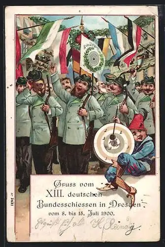 Lithographie Dresden, XIII. deutsches Bundesschiessen 1900, feiernde Schützen