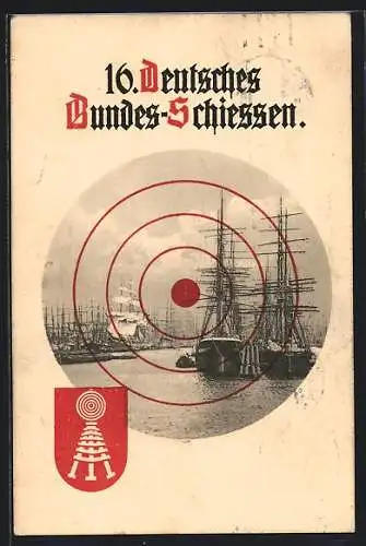 AK Hamburg, 16. deutsches Bundesschiessen 1909, Partie aus dem Hafen in der Zielscheibe
