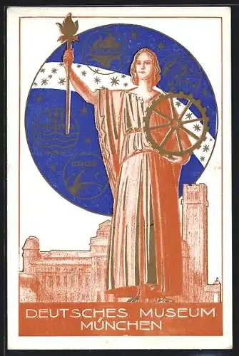AK München, Deutsches Museum, Frau im Gewand mit 4 Elementen und Zahnrad, Jugendstil