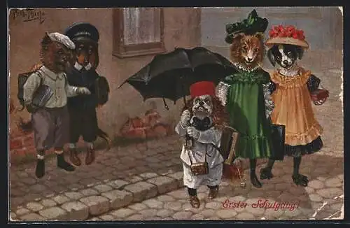 Künstler-AK Arthur Thiele: Hund mit Schulranzen und Schirm am ersten Schultag