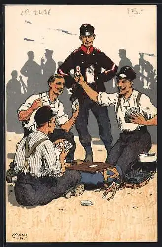 Künstler-AK Carl Moos: Grenzbesetzung 1914, Soldaten beim Kartenspiel