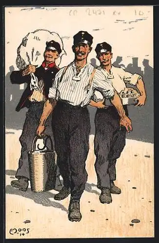 Künstler-AK Carl Moos: Occupation des Frontières 1914, Soldaten im Arbeitseinsatz