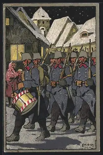Künstler-AK Carl Moos: Schweizer Soldaten beim Marsch