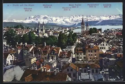 AK Zürich, Teilansicht und die Alpen mit Hausstock, Pfannenstock und Drusberg