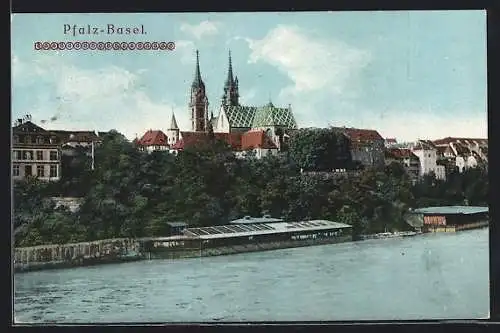 AK Basel, Uferpartie mit Kirche