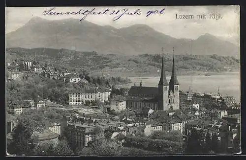 AK Luzern, Teilansicht mit Kirche und Rigi