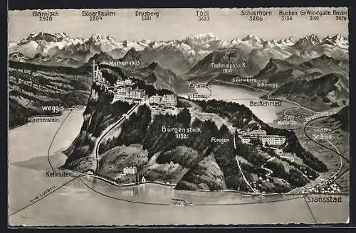 AK Stansstad, Ortsansicht mit Vitznau, Weggis und Brunnen, Bergpanorama mit Drusberg, Glärnisch und Scheerhorn