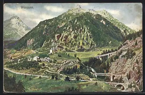 Künstler-AK Wassen, Totalansicht mit Bergpanorama