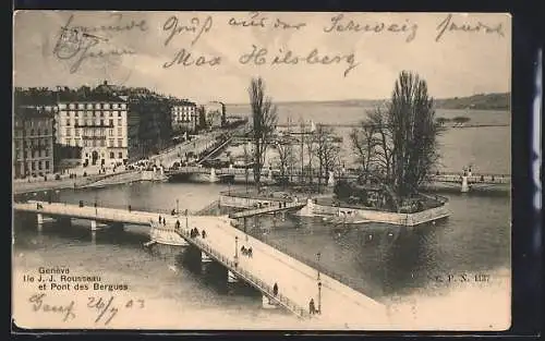 AK Genève, Ile J. J. Rousseau et Pont des Bergues