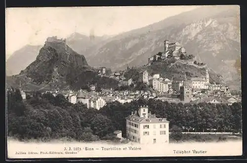 AK Sion, Tourbillon et Valere, Totalansicht mit Bergen