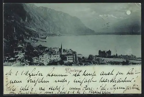 Mondschein-AK Montreux, Panorama mit Bergen