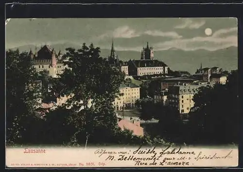 AK Lausanne, Ortspartie mit Schloss bei Mondschein