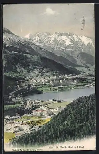 AK St. Moritz, Blick auf die Ortsteile Bad und Dorf