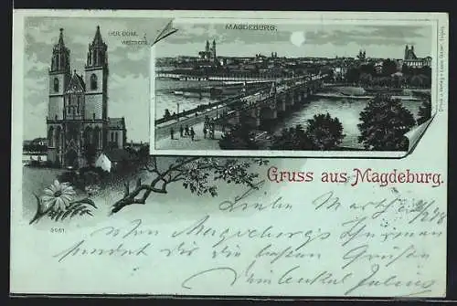 Mondschein-Lithographie Magdeburg, Westseite vom Dom, Ortsansicht bei Vollmond