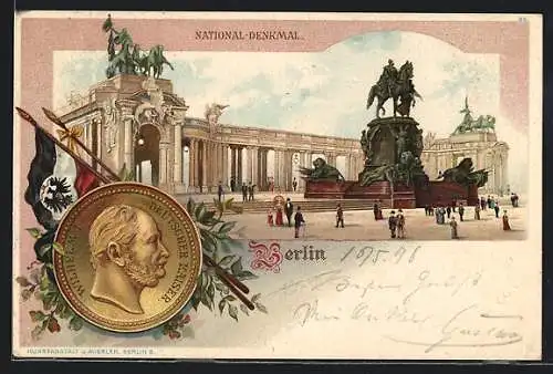 Lithographie Berlin, National-Denkmal, Münze mit Prägung von Kaiser Wilhelm I