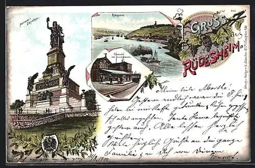 Lithographie Rüdesheim am Rhein, Rüdesheim, Nationaldenkmal, Bahnhof der Zahnradbahn, Rheinpartie