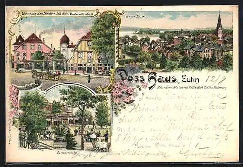Lithographie Eutin, Wohnhaus des Dichters Joh. Heinr. Voss mit Gartenansicht, Teilansicht der Stadt