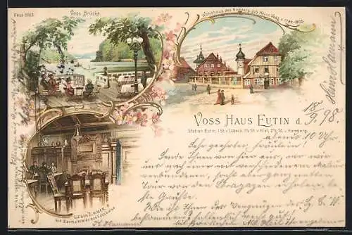 Lithographie Eutin, Voss-Haus, Voss-Brücke und Luisenzimmer mit Glasmalereien aus Voss-Luise