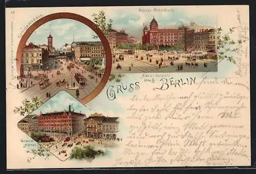 Lithographie Berlin, Alexanderplatz, Polizei Präsidium, Königsstrasse, Grand Hotel