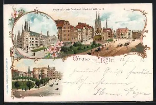 Lithographie Köln, Heumarkt, Friedrich-Wilhelm III Denkmal, Post, Strassenbahnen