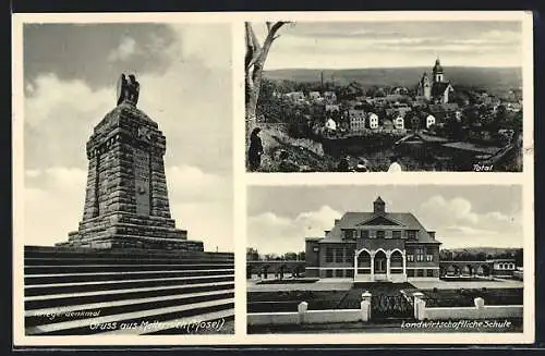 AK Metternich /Mosel, Kriegerdenkmal, Landwirtschaftliche Schule, Ortsansicht