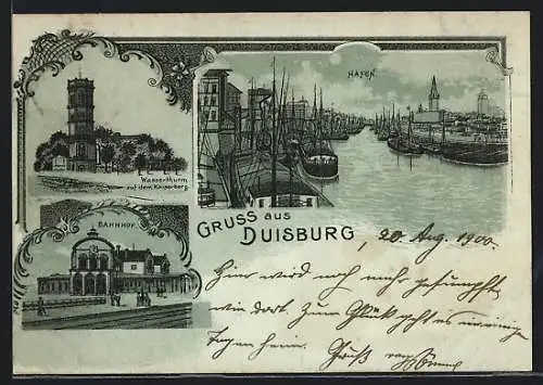 Mondschein-Lithographie Duisburg, Bahnhof, Dampfer am Hafen, Wasserthurm auf dem Kaiserberg