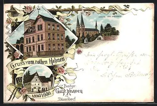 Lithographie Arenberg bei Ehrenbreitstein, Gasthaus Rother Hahn und Kirche