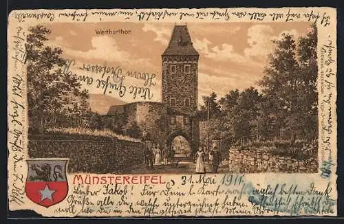 Lithographie Münstereifel, Strassenpartie am Wertherthor, Wappen