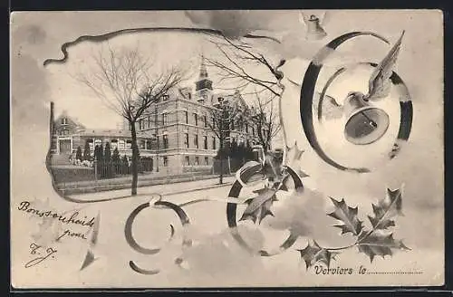 Passepartout-AK Verviers, Gebäude mit Turm, Schriftzug 1906, Geflügelte Glocke
