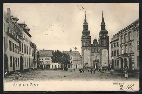 AK Eupen, Marktplatz mit Kirche