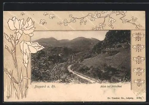 AK Boppard a. Rh., Blick ins Mühlthal, Nelken und Wespen
