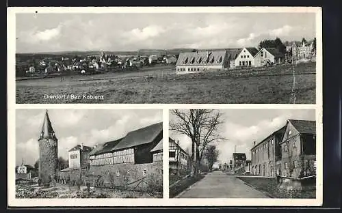 AK Dierdorf /Bez. Koblenz, Teilansicht, Ortspartie mit Turm, Strassenpartie