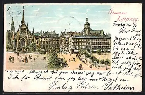 Lithographie Leipzig, Augustaplatz mit Kirche und Strassenbahn