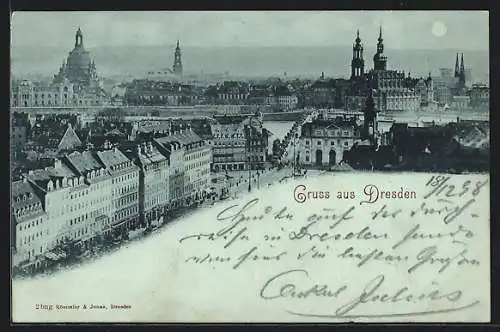 Mondschein-AK Dresden, Panorama mit Kirche