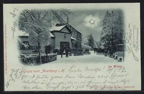Mondschein-AK Auerberg i. H., Gasthaus und Pension Josephshöhe und Auerberg mit Pferdeschlitten im Winter