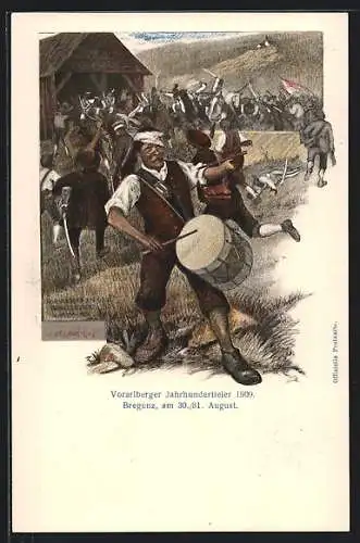 Künstler-AK Bregenz, Vorarlberger Jahrhundertfeier 1909, verwundeter Trommler, Ganzsache